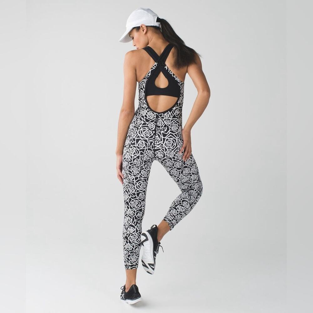 Lululemon Purr-suit Onesie Posey Black White Floral Print Luxtreme One Piece 4